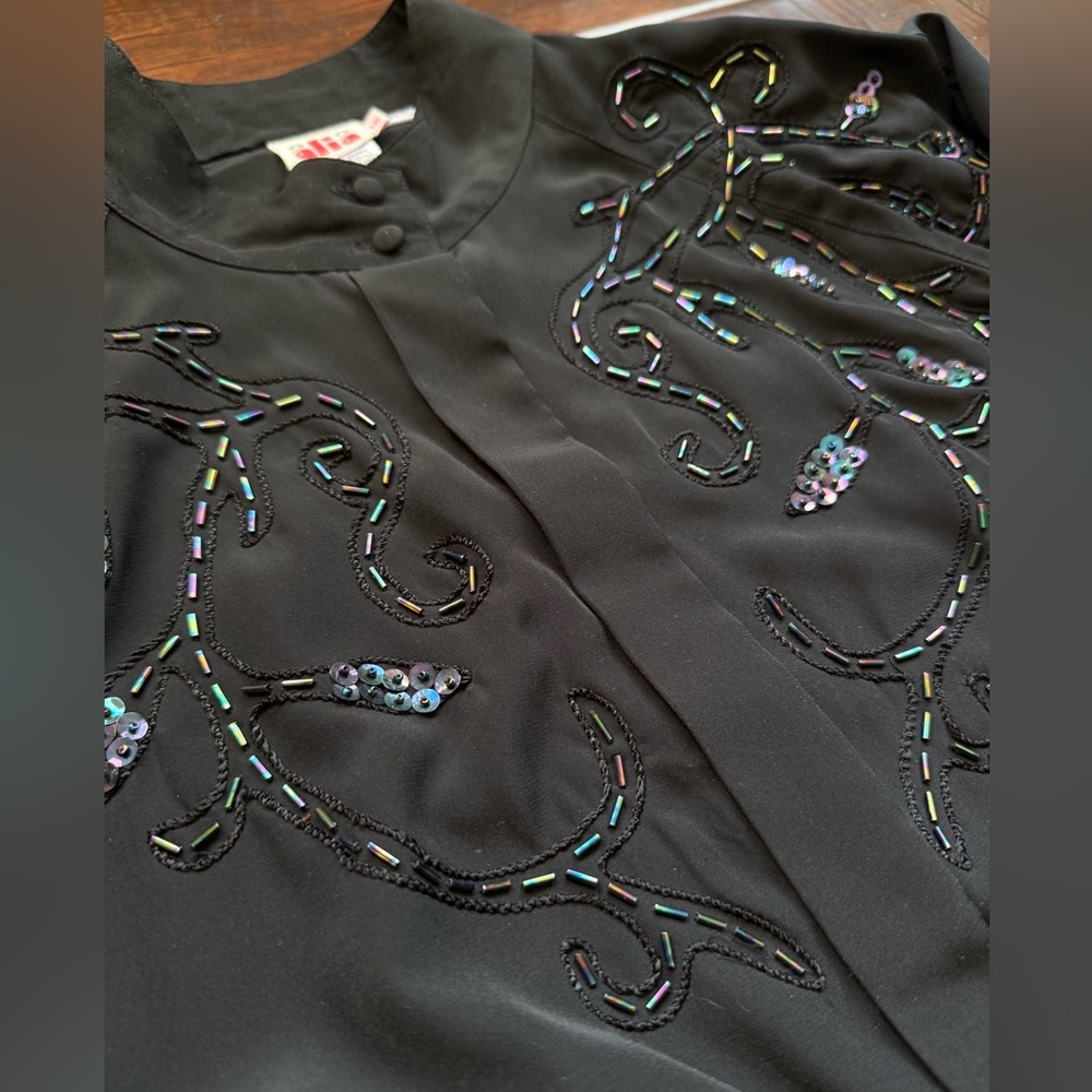 Vintage 80s Alia Black Blouse with Sequin Embellishments - Picture 2 of 4